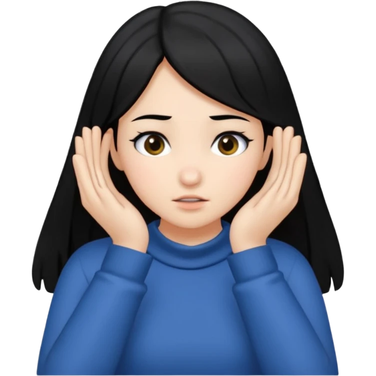 Girl with black hair using both hands to choke herself with math open  emoji