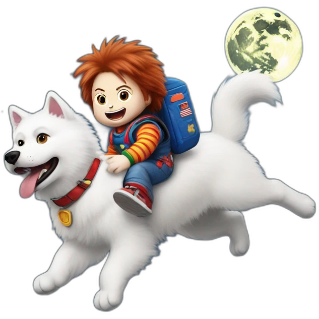 Chucky on a Samoyed flying to the moon emoji