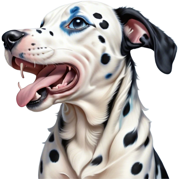 Cinematic Cute Yawning Harlequin Dalmatian Portrait Emoji, Head tilted slightly with a dramatic, wide-open yawn, showcasing a smooth Fur of predominantly white with bold black patches, floppy ears slightly drooping, round blue eyes barely open in drowsy contentment, Simplified yet irresistibly adorable features, highly detailed, glowing with a soft, cozy glow, high shine, relaxed yet expressive, stylized with a touch of whimsy, bright and endearing, soft glowing outline, capturing the essence of a sleepy yet affectionate guardian, so drowsy it feels like it could stretch out of the screen and curl up for a nap! emoji