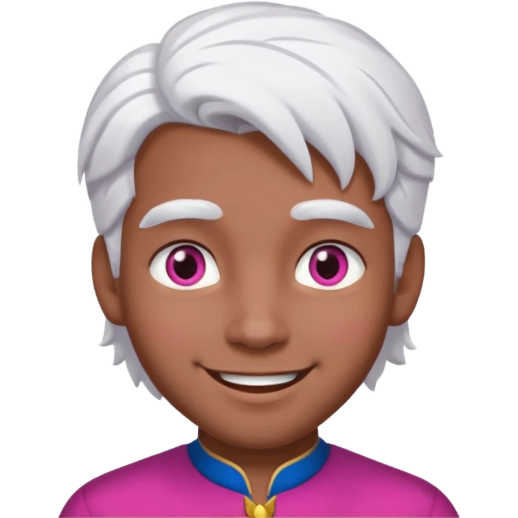 Um homem jovem sem barba, de pele parda, com cabelos médios e brancos como neve, e olhos de iris rosa pink sorrindo emoji