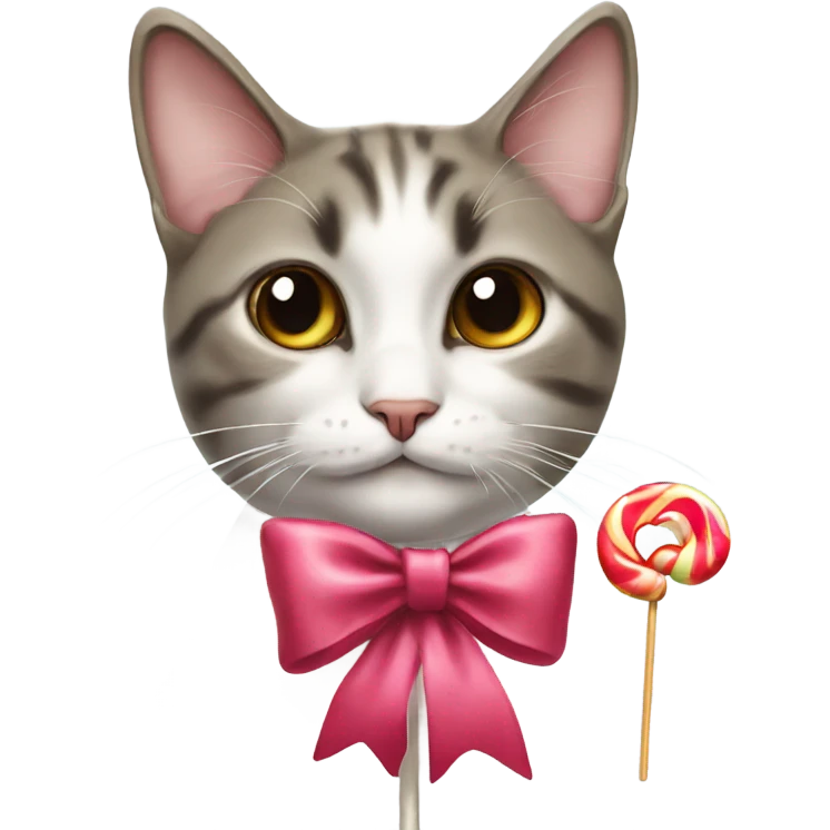 cat wearing a bow eating a lollipop emoji