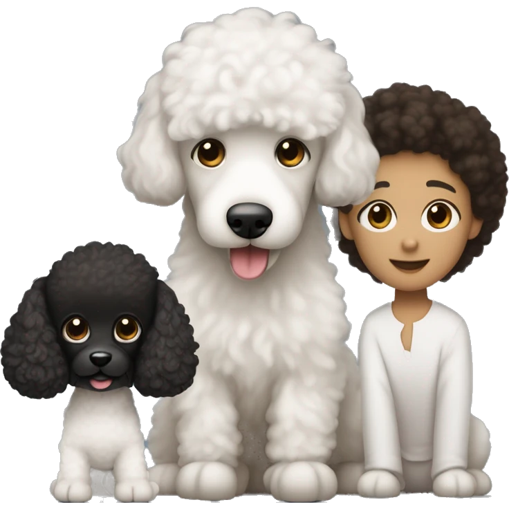 A family consisting of 1 white man with dark brown hair and sharply trimmed facial hair, 1 white woman with long black hair and one toy poodle with brown hair and another toy poodle puppy with black hair, heads only emoji
