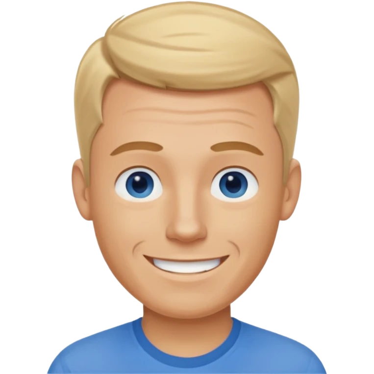 White man, blue shirt, blue eyes, 30s, smiling no teeth, buzzed sandy blond hair  emoji