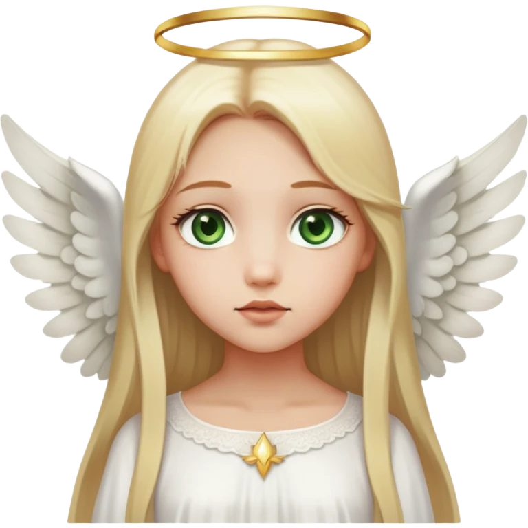 Blonde girl (from the chest up), green eyes, and light skin. Staring straight ahead. Long, straight hair. Medium-thick, mostly thin lips. Looks like an angel. Wears a white babydoll dress. White wings stick out from behind her, like an angel. Soft doe eyes. Cheeks and tip of nose slightly reddish. emoji