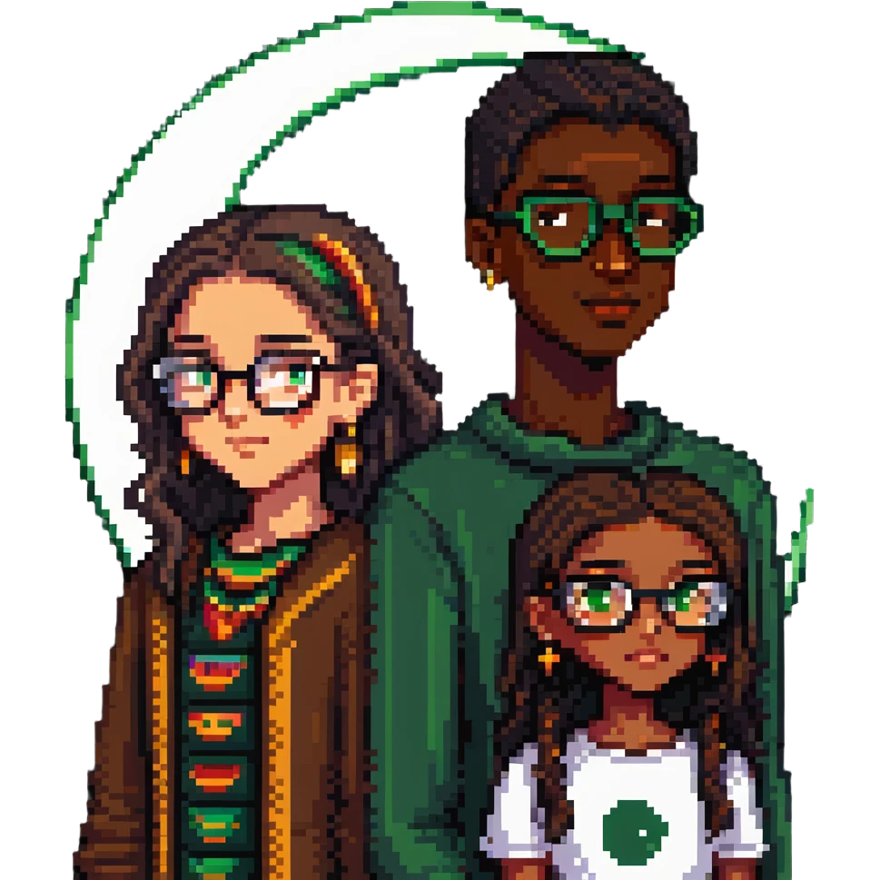medium height beautiful Mexican girl next to a dark-skinned boy with glasses, green-brown eyes, and a crescent moon scar on his chin, pixel art style emoji
