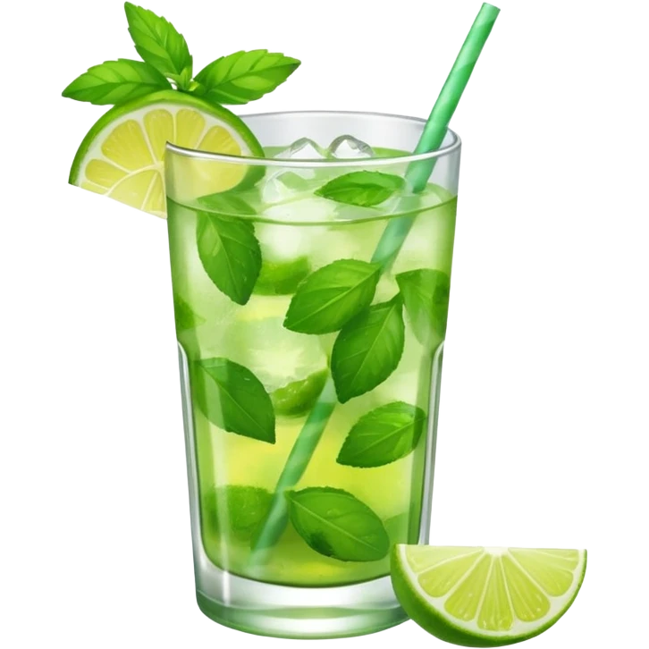 Make a mojito in she style of an emoji in a small glas with only one lime on top and one lime in the glas, not too much mint emoji