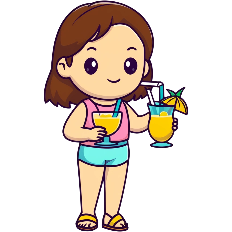 Very tan skinned girl with brown hair wearing a summer outfit sipping a piña colada emoji