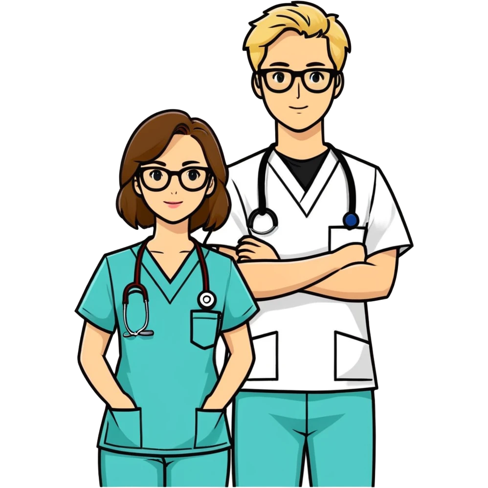 Woman with brown hair and glasses in Scrubbs next to a man with blonde hair and a black shirt emoji