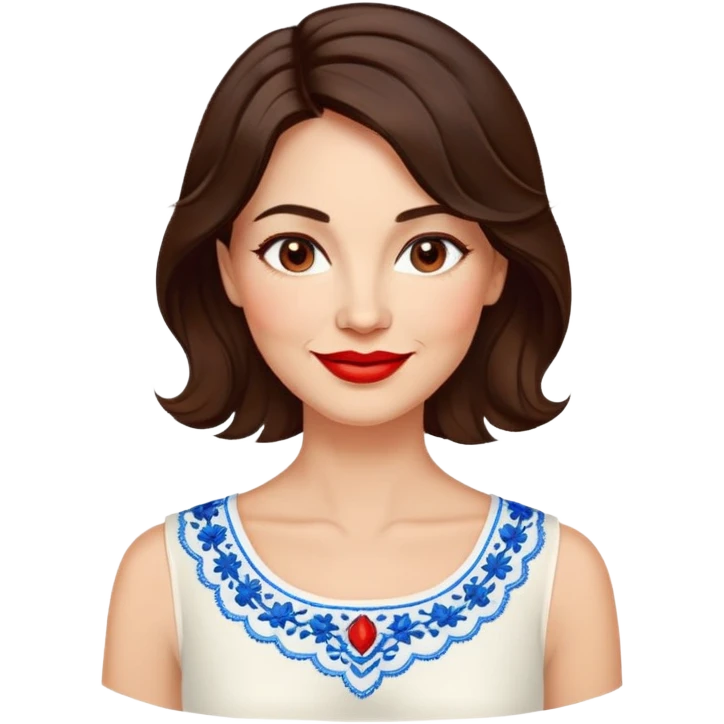 Confident 40-year-old woman with healthy glowing skin, round cheeks, warm smile, expressive light brown eyes, red lipstick, wavy dark brown shoulder-length hair, summery white top with blue embroidery and electric blue neckline emoji