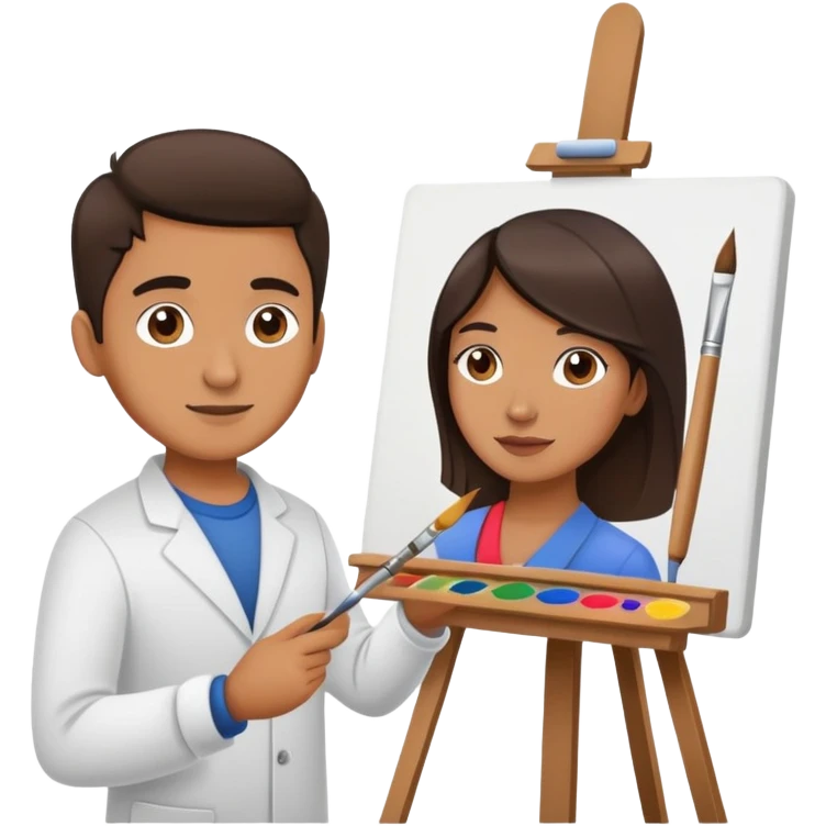 Artist with a paintbrush in front of an easel with a painting emoji