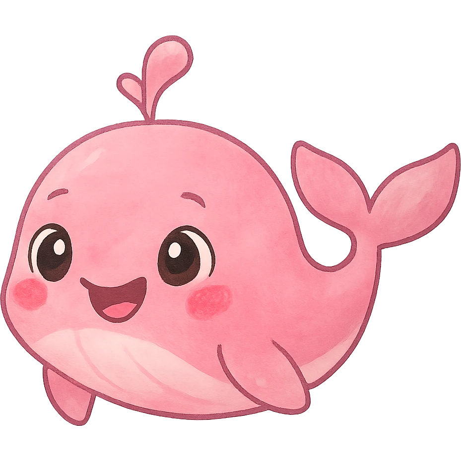 a cute pink whale, original design, big eyes, blushing cheeks, joyful emoji