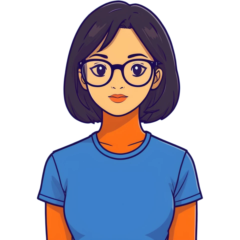 A girl with dark hair, wearing glasses, slightly tanned, with a mole below her left lip. She is wearing a dark blue T-shirt. emoji
