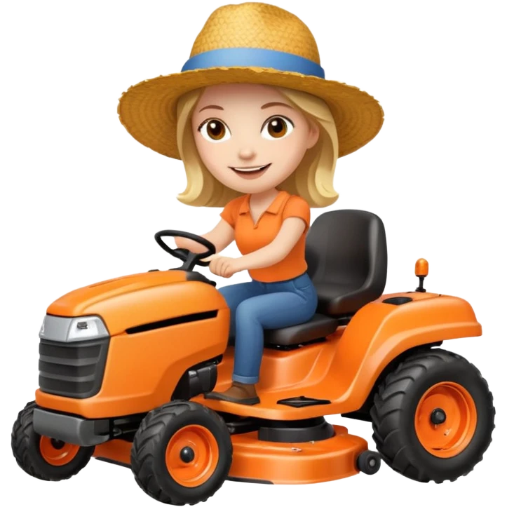 White woman without glasses wearing a straw hat, on orange ride on lawn mower.  emoji