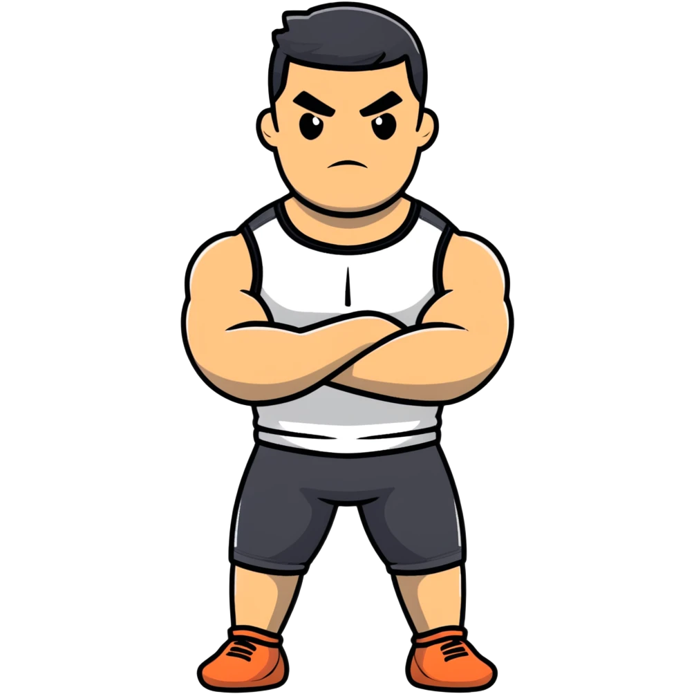 full body bulky male figure standing with arms crossed, muscular build, wearing athletic clothes, serious expression emoji