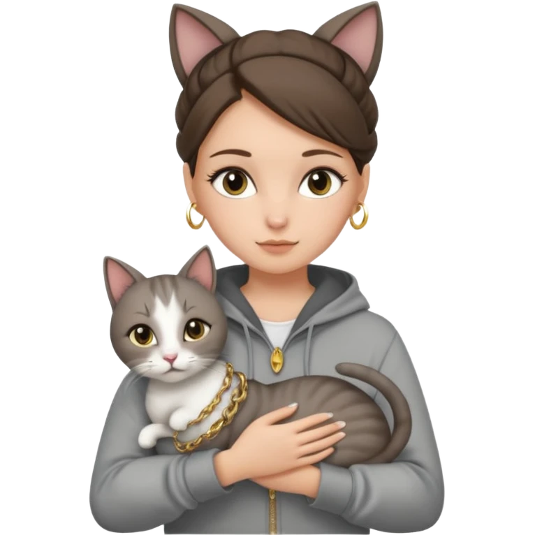 a white girl with brunette hair in a one single bun holding a grey cat. the girl has long lashes and has on a grey zip up that is half way zipped and has a hood and under a white shirt and gold jewelry that is gold bracelets. emoji