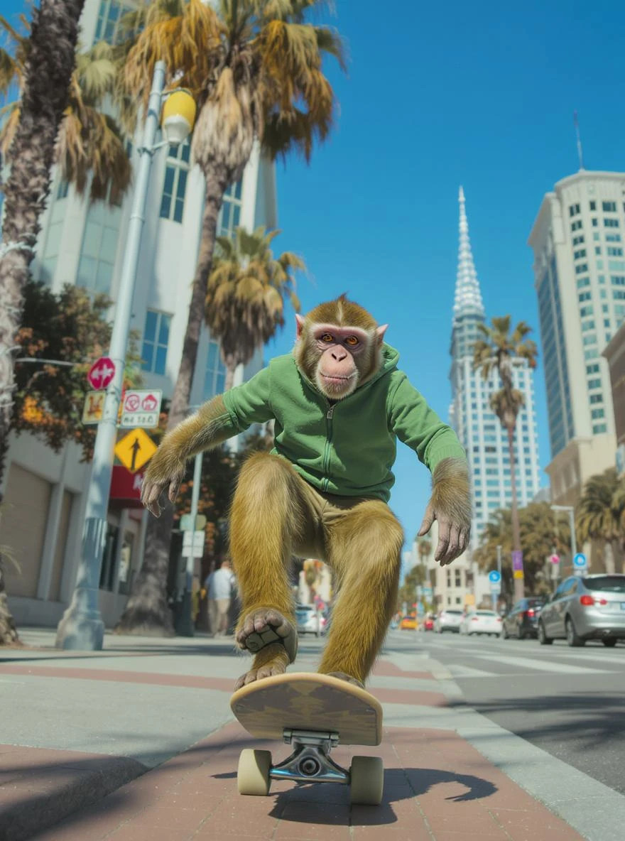 Cinematic still scane, Low angle medium shot, monkey dress in green outfit, monkey ride on skateboard, san francisno downtown with city lanscape, blue clean sky, captured by ARRI Alexa XT, soft cinematic lightning emoji
