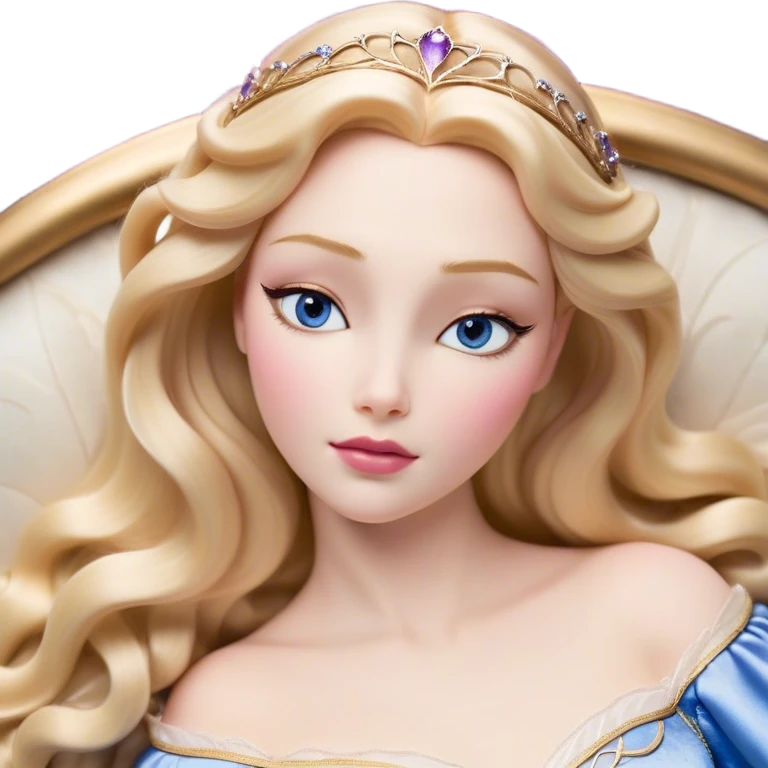 Cinematic Realistic Sleeping Beauty (Aurora) Portrait, with porcelain-like skin featuring a natural rosy flush, illuminated by soft lighting that highlights the gentle contours of her face. Her golden blonde hair flows in soft, detailed waves with subtle highlights that shimmer in the light. Her deep violet-blue eyes radiate warmth and innocence, framed by arched brows and long lashes. Her serene expression exudes quiet elegance. She is dressed in her classic pink gown, the fabric rich in texture with delicate folds that catch the light. A golden crown rests atop her head, gleaming with royal refinement. The portrait captures a soft, glowing aura, blending realism with an ethereal sense of beauty and timeless enchantment. emoji