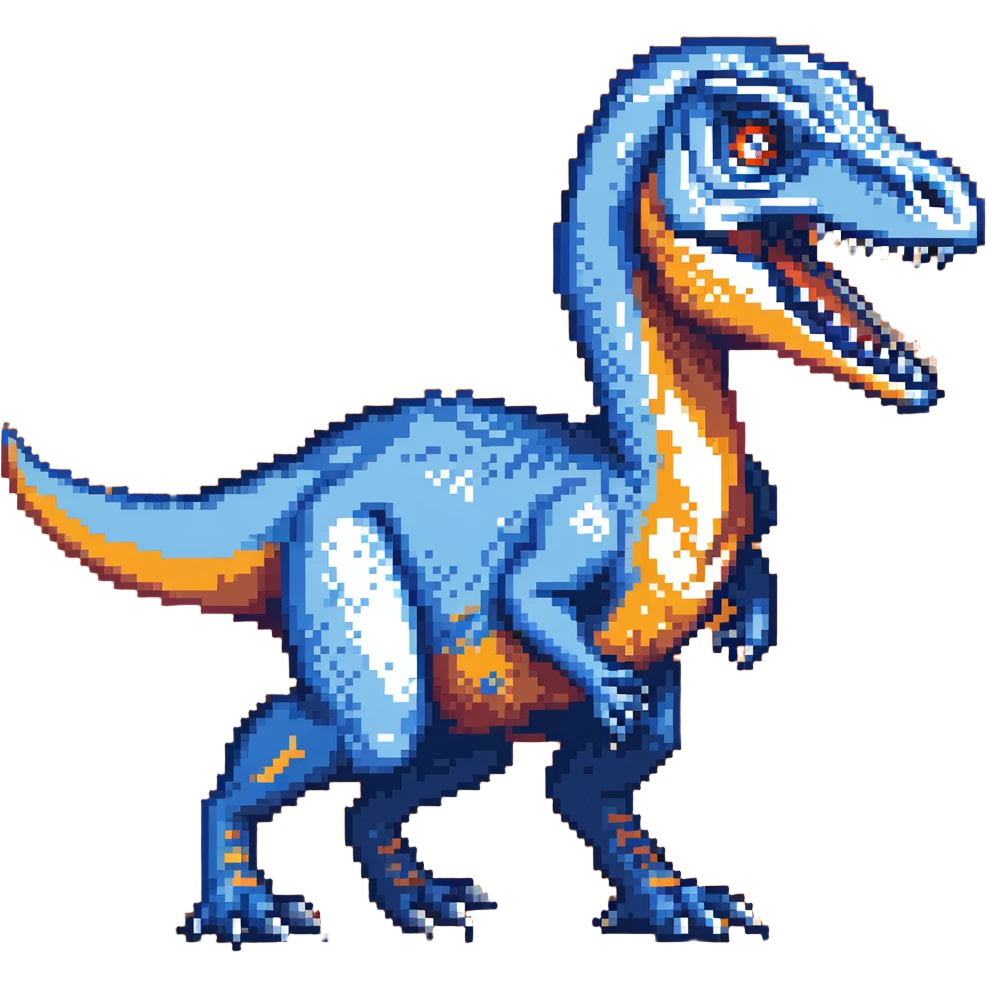 A bright blue velociraptor dinosaur with sharp teeth and claws emoji