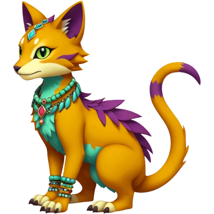 Kawaii cute reddish orangish yellowish greenish purplish exotic tribal beautiful pretty elegant divine edgy feline-vernid-sergal-Fakémon-Pokémon-Digimon-fursona-animal-creature with bracelet, necklace, full body, with intricate detailed markings emoji