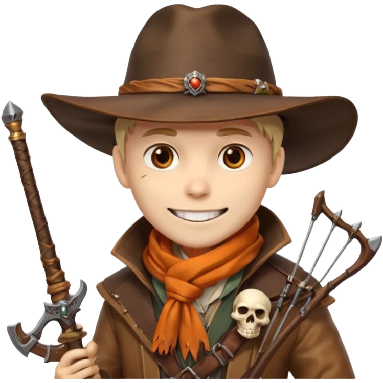 male human monster hunter emoji, wearing brown leather coat and wide hat, holding crossbow, with amulet shaped like skull, Halloween fantasy theme, confident smile, orange scarf, Apple emoji style, clean white background, square image emoji