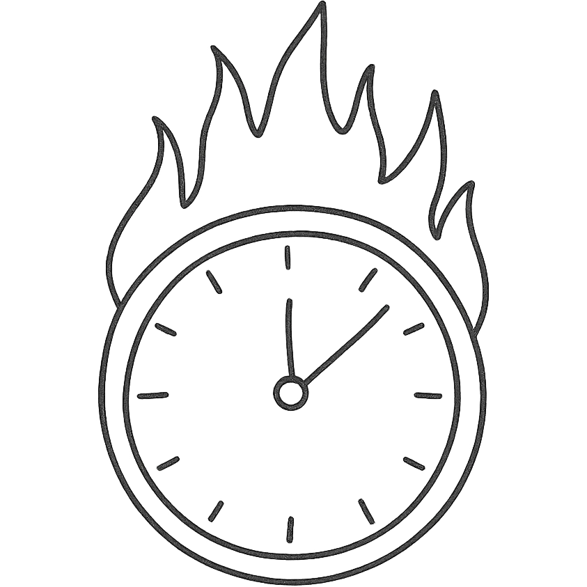 minimal hand-drawn outlined icon of a burning round clock with vivid flames, no fill emoji