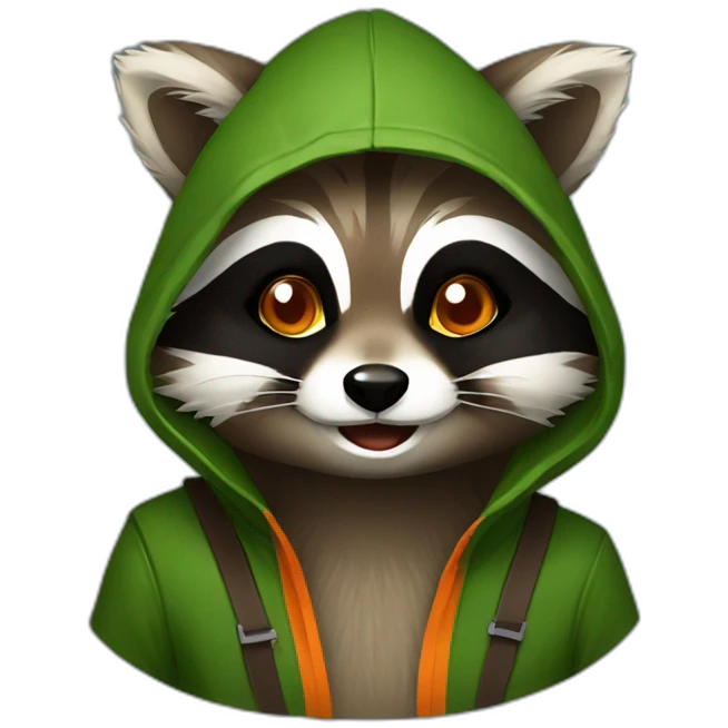brown raccoon with orange eyes and a dark green hood that is laughing emoji