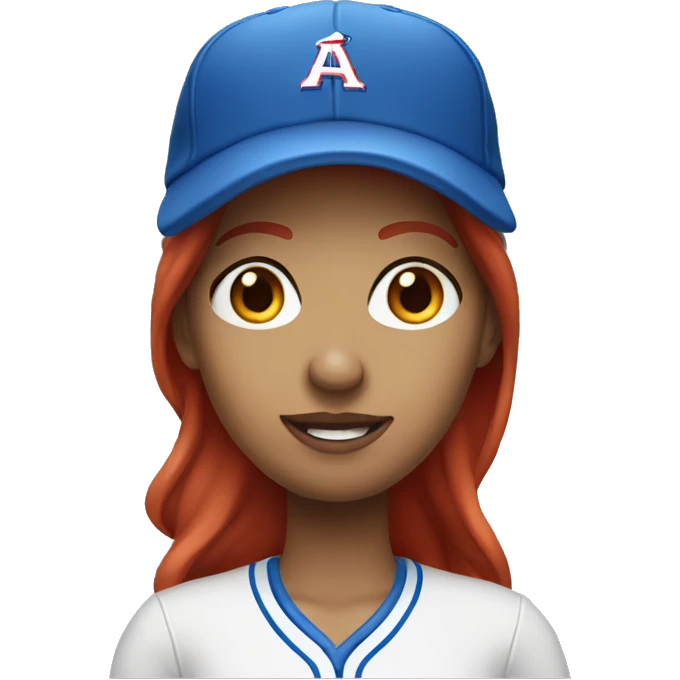 front facing standing up female coach with long red hair, wearing a white t-shirt and a simple baseball blue hat emoji