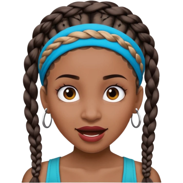 big lose braids starting from the top of the head woman face wiith big visible braids and mono color headband on head excited face and braids as big as headband and lots and lots of face tattoos emoji