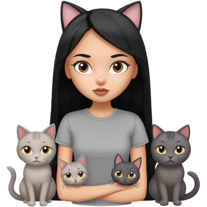 a pretty bratz dusky girl with long straight hair with four cats nd wearing a grey tshirt emoji
