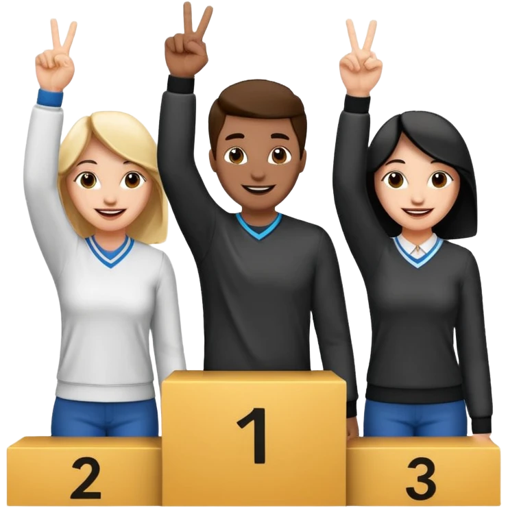 three casually dressed people on a winners podium with the center step higher, black and white, no numbers, center person holding up one finger on each hand, left person holding up two fingers on each hand, right person holding up three fingers on each hand, cheerful expressive emoji style emoji