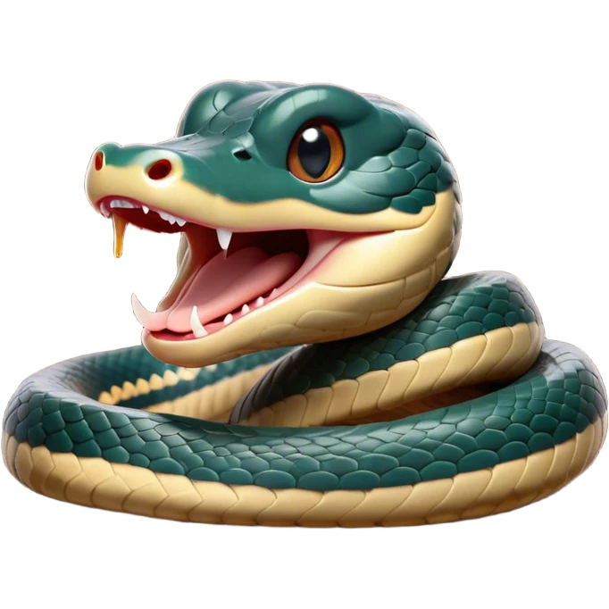 Cinematic Cute Yawning Chinese Water Snake Portrait Emoji, Head tilted slightly with a dramatic, wide-open yawn, showcasing a soft, glossy scaled body with gently drooping edges and half-closed, drowsy eyes, Simplified yet irresistibly adorable features, highly detailed, glowing with a soft, cozy aquatic glow, high shine, relaxed yet expressive, stylized with a dash of waterborn charm, soft glowing outline, capturing the essence of a sleepy yet affectionate water snake that seems ready to stretch out and rest in its watery domain! emoji