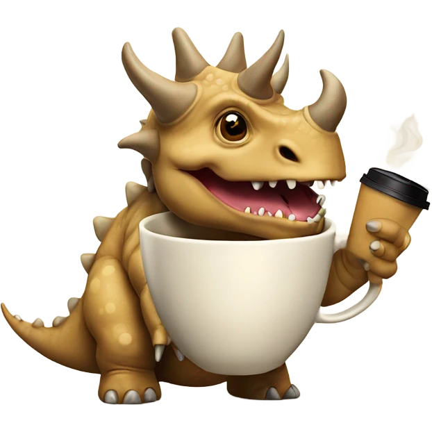 Tan triceratops with 3 horns and a cup of coffee emoji