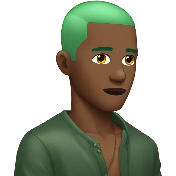 frank ocean, no shirt, green hair buzz cut, hand covering face emoji