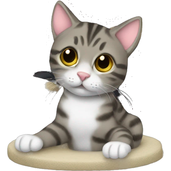 1 tabby cat playing on black cat tree emoji