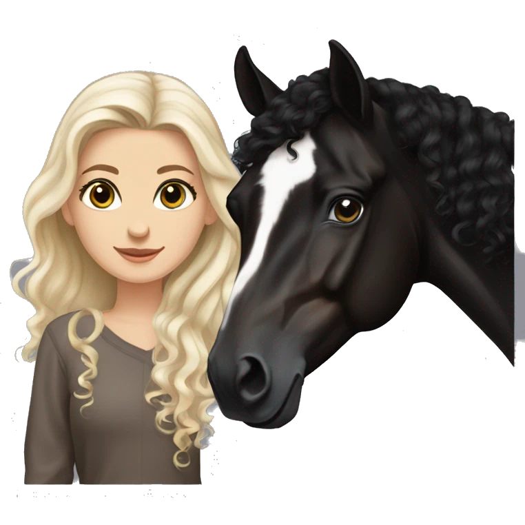 White girl, long black curly hair, beautiful hazel eyes, next to a black Arabian horse emoji