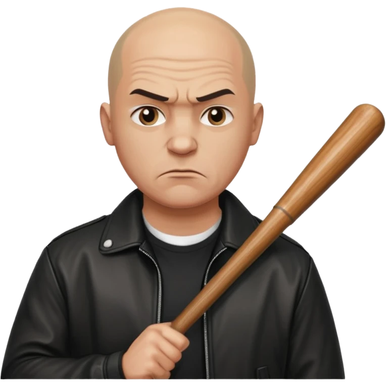 Bald Russian 1990s gangster emoji, leather jacket, , serious angry face with a bat emoji