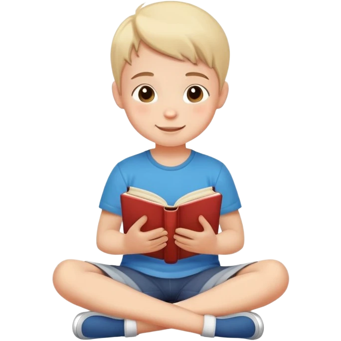 child sitting cross-legged on the floor, cheerful and calm, with a book in hand emoji