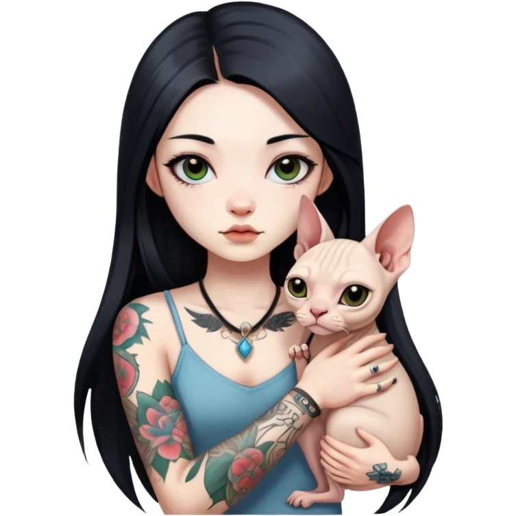 a Chinese girl with long black  straight hair and tattoos and little Sphynx emoji