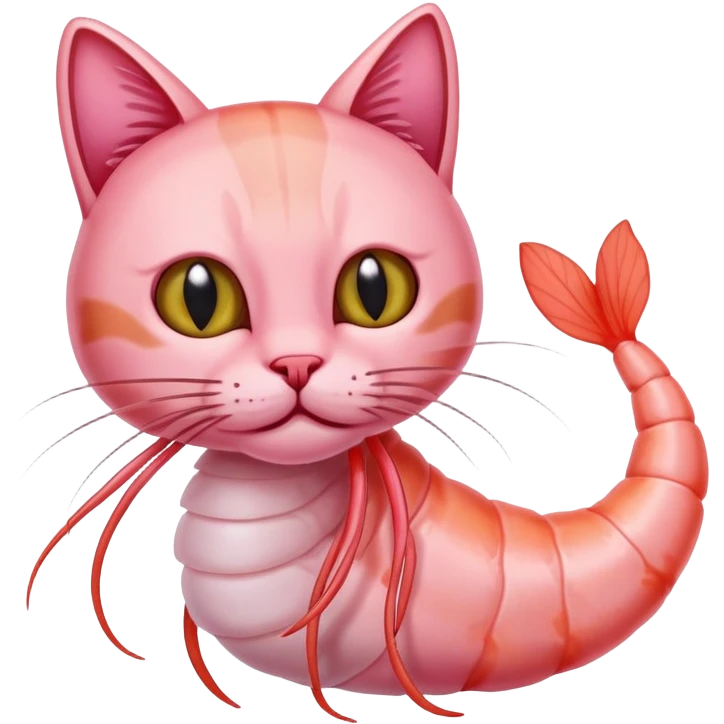 A pink shrimp with a cat's head, shrimp body and tail with cat face emoji