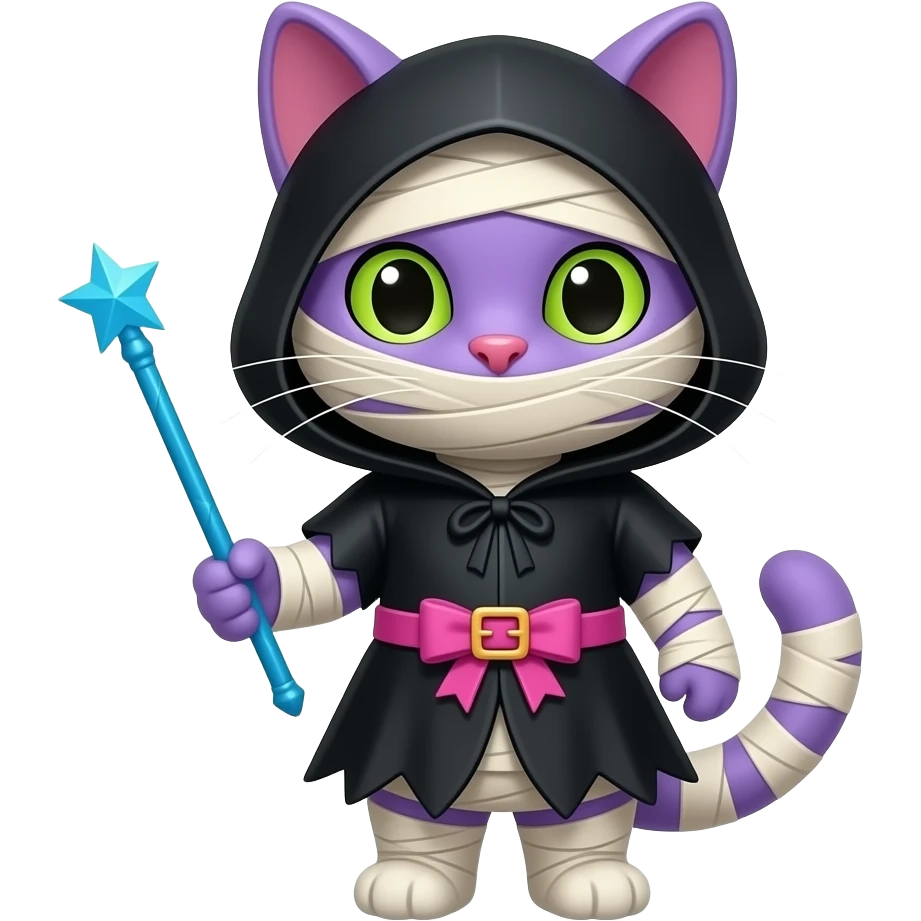 purple cat anthro with black witch costume pink ribbon mummy costume holding a blue wand emoji