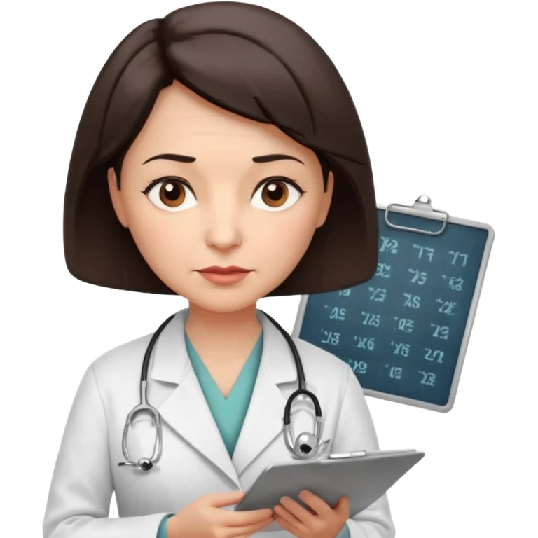 A female doctor in her 50s with visible facial wrinkles, dark brown short bob hair, her body turned slightly at an angle, with her gaze clearly directed downward and fixed on the medical chart she is reviewing. emoji