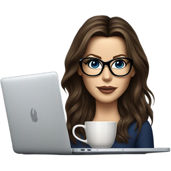 Hyper Realistic Kate Beckinsale dark blue eyes wearing glasses drinking coffee at a laptop  emoji