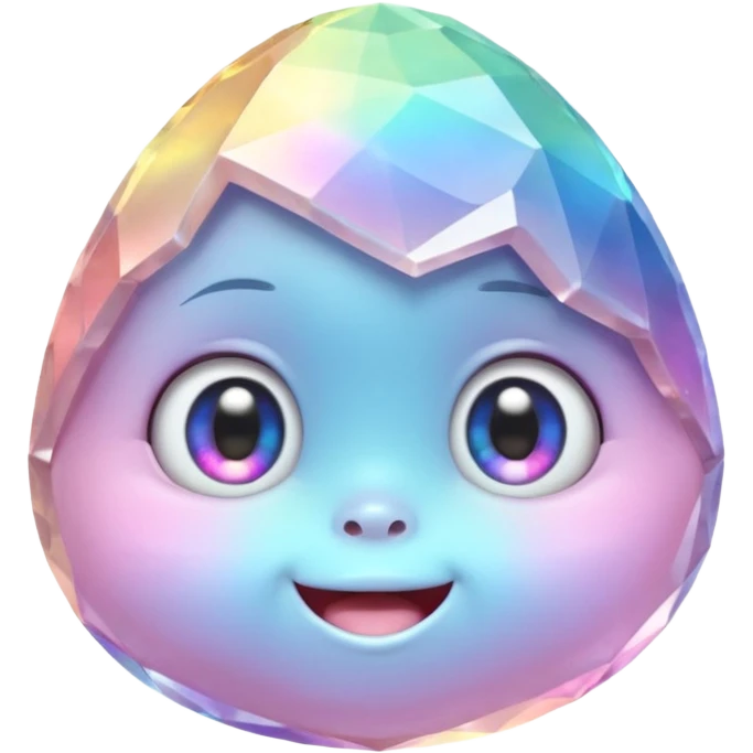One pastel rainbow quartz rock baby character, small round faceted head, smooth but clearly rock-like, soft iridescent reflections, huge eyes and tiny smiling mouth, 3D render, high detail, plain dark background, no extra objects emoji