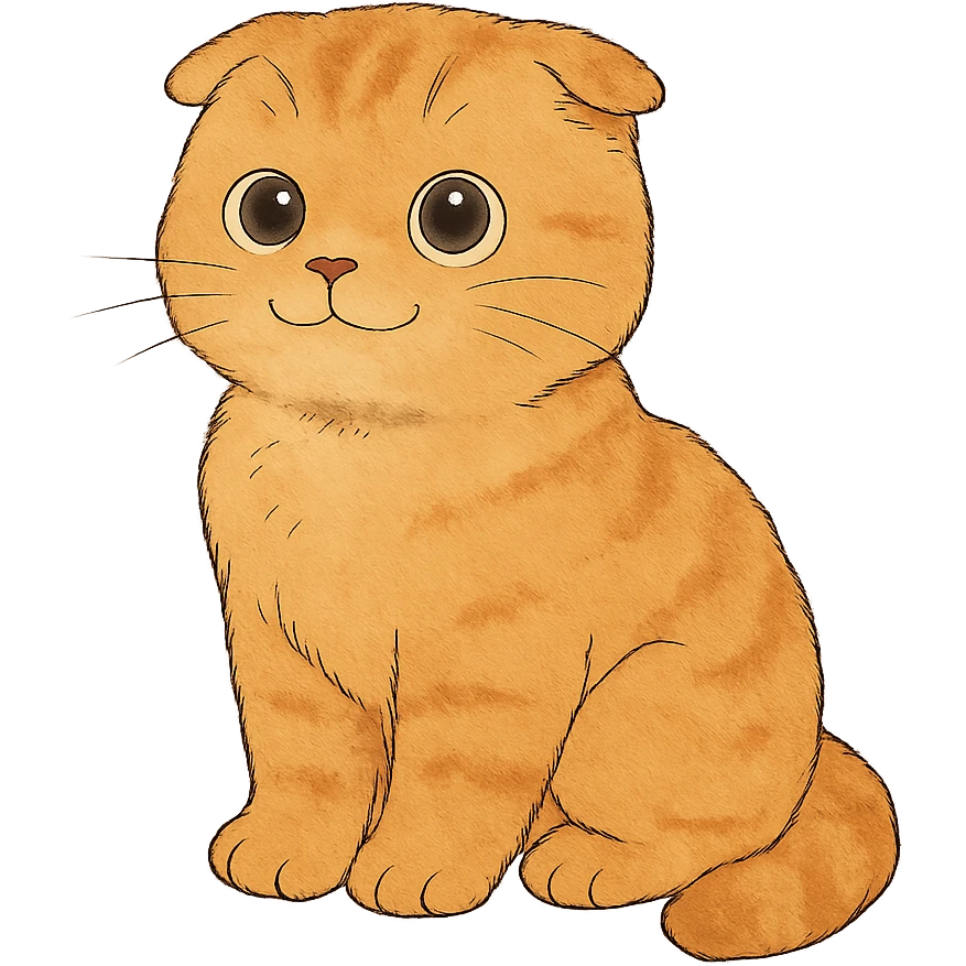 happy orange scottish fold kitten sitting, dark round eyes, cute emoji