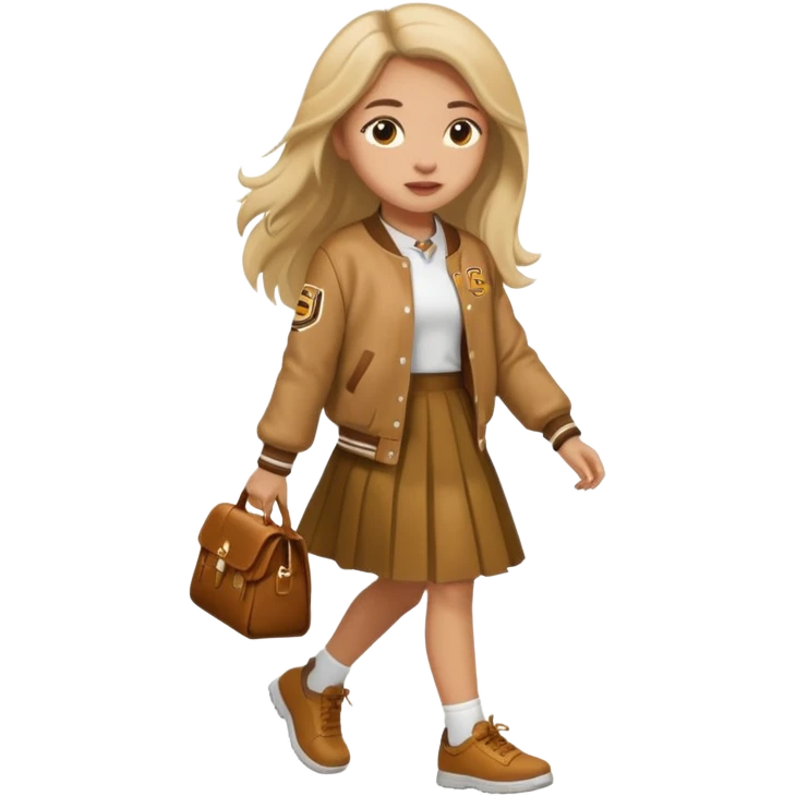 black color, light skin  long hair girl with brown varsity jacket and long skirt walking  emoji