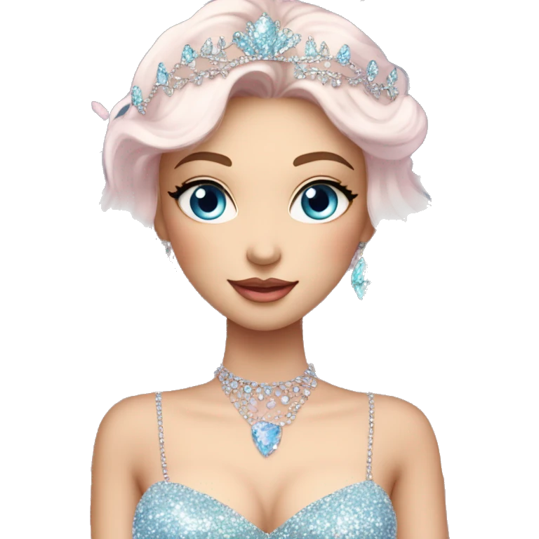 Gorgeous pastel Lady with blue eyes in a sparkly shiny dress with tiara and necklace and flowers aesthetical and trending  emoji