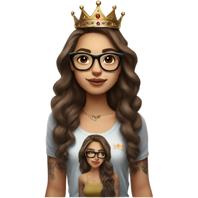 Hyperrealistic beautiful  girl, wearing a crown and glasses with tattoos, with long brown hair  emoji