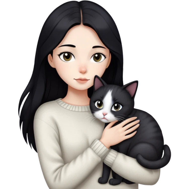 Beautiful skinny woman long dark black hair in sweater hug black white cat emoji