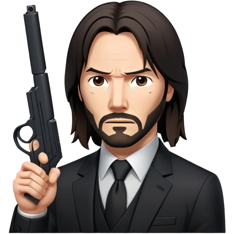 John Wick in black suit with long hair, determined expression, holding a gun emoji