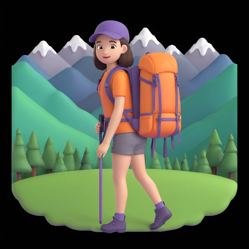 girl back packing mountains in background, close up pose emoji